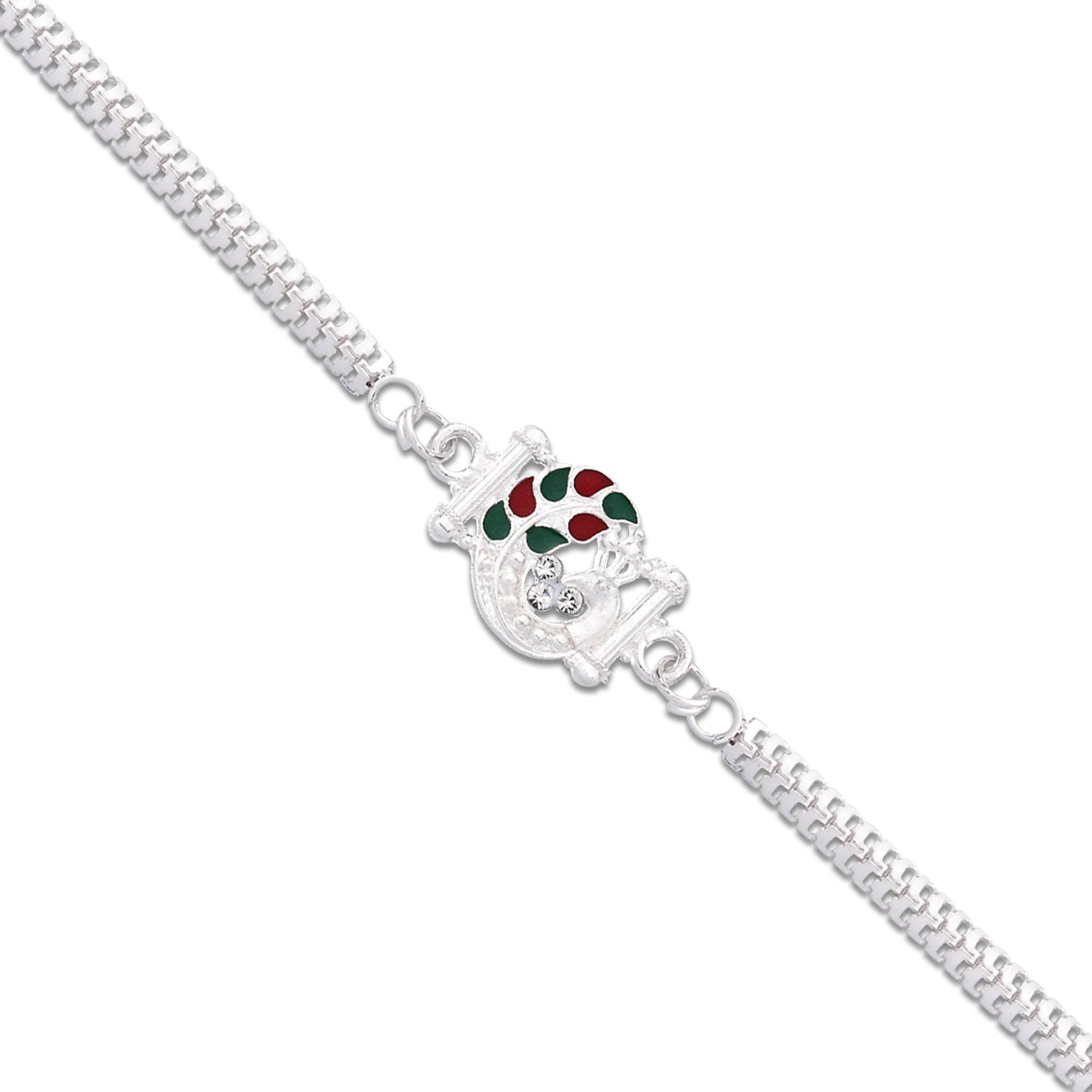 Silver Finish  Rakhi With Red-green Enamel Silver Finish  Rakhi With Red-green Enamel